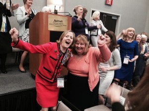 State Conference Chair Patty Bogaty Schned and Kathi Chulick, Mission Canyon Chapter enjoy the conga line break!