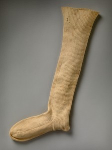 Stocking, mid 1800s, probably Pennsylvania, wool. Sarah Benjamin owned this stocking. Like other women who followed the army during the Revolution, she accompanied her soldier husband. Throughout 1780 and 1781, she baked and sewed for the troops and once served as a sentinel. 